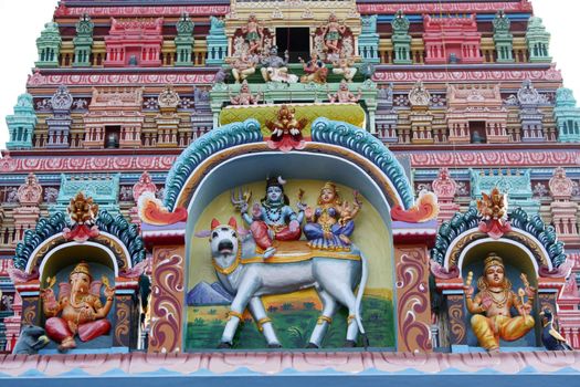 Beautiful Colorful art on the dome of a Hindu temple, in India.