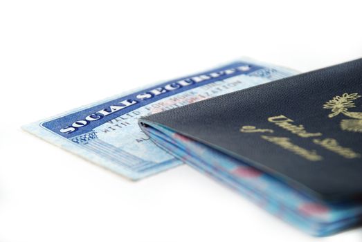 stock pictures of a social security card and a passport