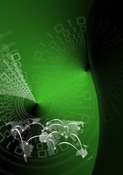 Green and black background with map globe and binary code