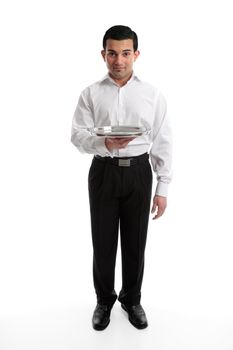 Servant, barman or waiter holding an empty silver tray.  Ready for your product if required.  White background.