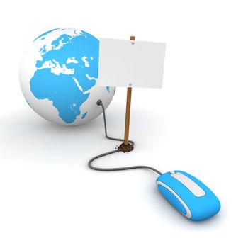 blue computer mouse is connected to a blue globe - surfing and browsing is blocked by a white rectangular sign that cuts the cable - empty template