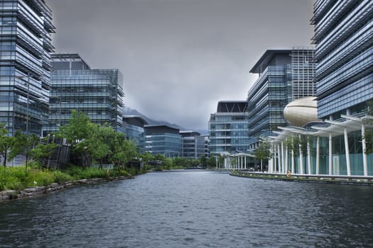 modern office building before typhoon in Hong Kong