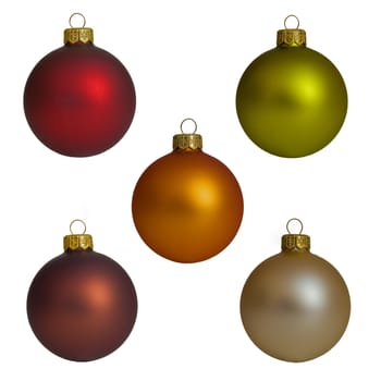 Five different colored isolated christmas balls