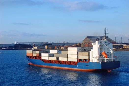 Container ferry. Ship on ocean stock photo.