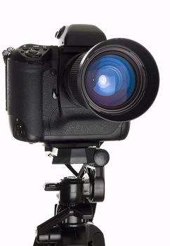 Professional digital camera over white background. 