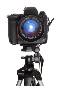 Professional digital camera over white background. 