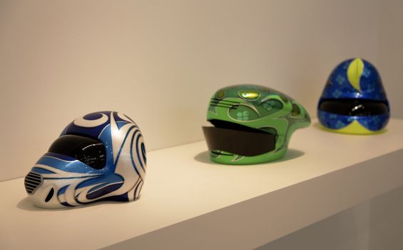 Istanbul, Turkey - June, 2011: Helmets sculpture by Patricia Picinini art show at Arter Gallery Hold me close to your Heart exhibition, landscape, copy space and crop area