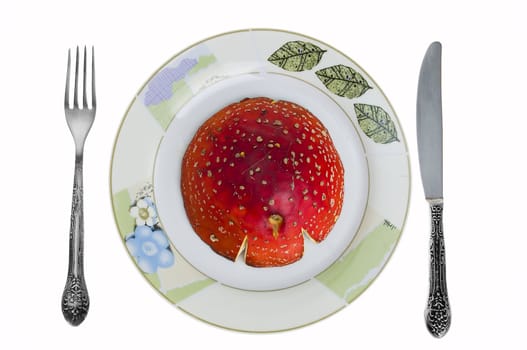 Red toadstool on dish with knife and fork.