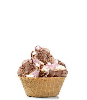 Chocolate and Vanilla icecream pile high in a wafer bowl, isolated against a white background with additional space on top for text.