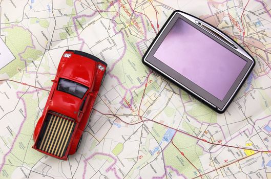 GPS - global positionung system and car on old map