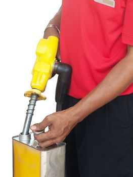 Asian man filling a gasoline container  in Malaysia isolated on white