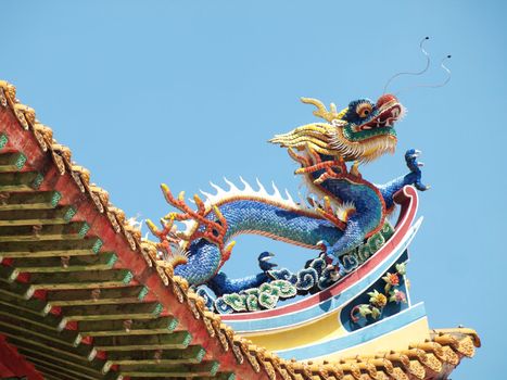 Detail of the roof of a buddhist temple with a colorful dragon in Kuala Lumpur