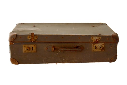 Vintage old leather suitcase isolated on white. 