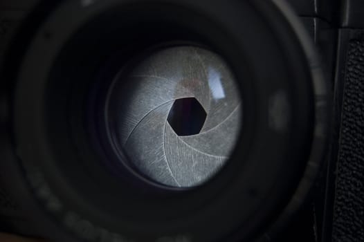 Macro shot of photographic lens. Focus on shutter