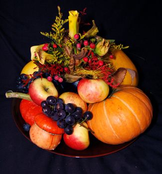 Pumpkin and other autumn things composition. Fall and Halloween concept.