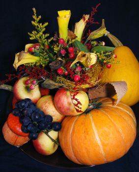 Pumpkin and other autumn things composition. Fall and Halloween concept.