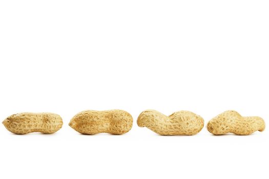 four peanuts in a row on white background