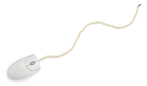 A computer mouse with its cable replaced with a string of fake pearls isolated on white with clipping path.