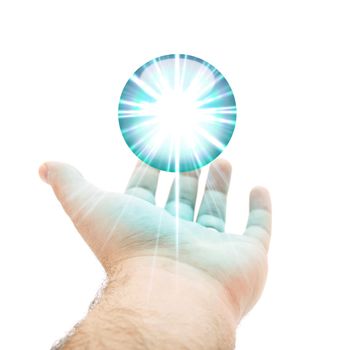 A hand being held out with a blue orb or round button hovering above the palm. 