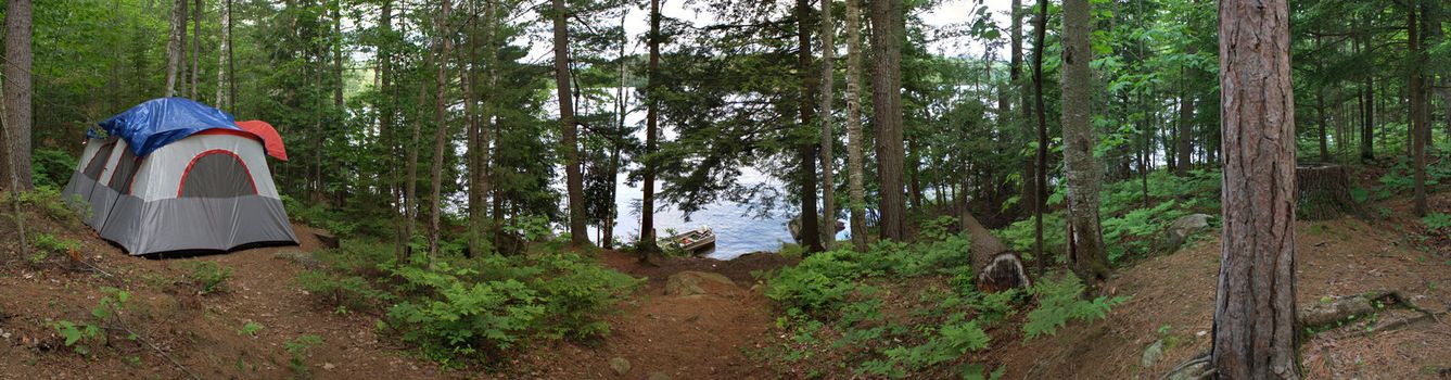 A wide angle panoramic view of a heavily wooded camp site in the Adirondacks.