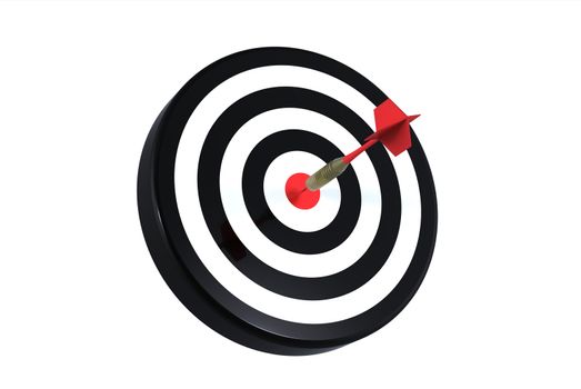 Dart on bull's eye of a dartboard isolated on white