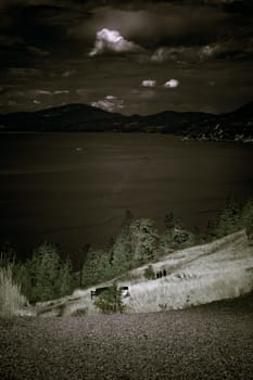 Night lake and mountain view from a trail
