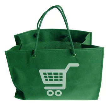 Green bag with an illustrated shopping cart on the front