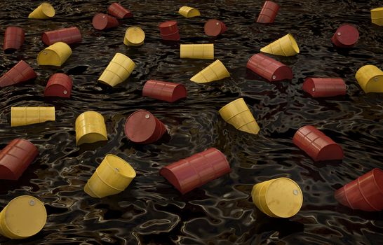 Low key picture of barrels of oil/petrol floating on a surface of pollluted water. 3D rendered image.
