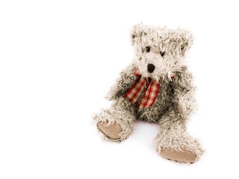 Teddy-bear with red bow on white background. On left side of picture it's empty space.
