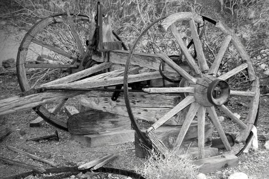 black and white axle with wagon wheel in bushes