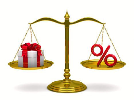 Gift box and percent on scales. Isolated 3D image