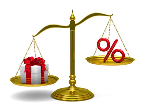 Gift box and percent on scales. Isolated 3D image