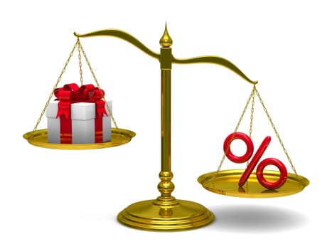 Gift box and percent on scales. Isolated 3D image