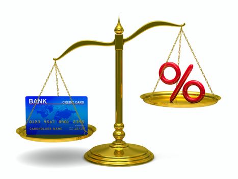 credit card and percent on scales. Isolated 3D image