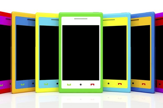 Multicolored smartphones with empty black screen