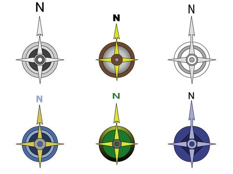 Illustration of six compass on a white background