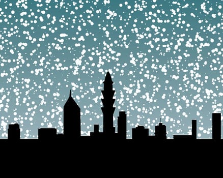 City skyline with snow falling and snow on top of buildings 
