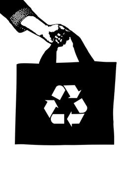Illustration of a hand holding a shopping bag with the recycle symbol printed onto it 