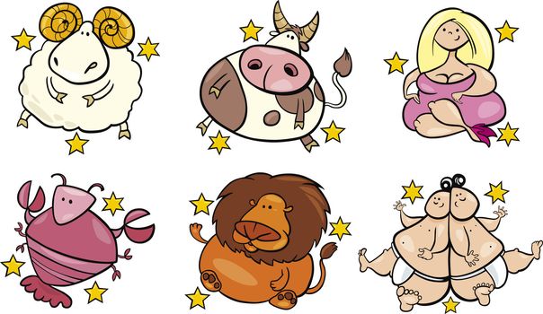 illustration of six overweight zodiac signs from april to september