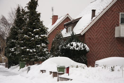 houses and cars covered in snow.
