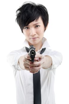 Cool Asian bodyguard holding a gun