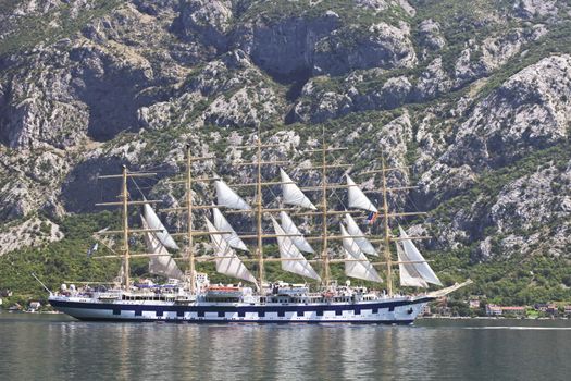 Clipper ship sailing into Kotor, Montenegro