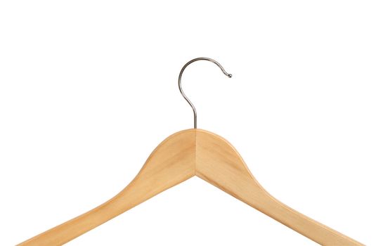 Closeup of wooden coat hanger isolated on white background with clipping path