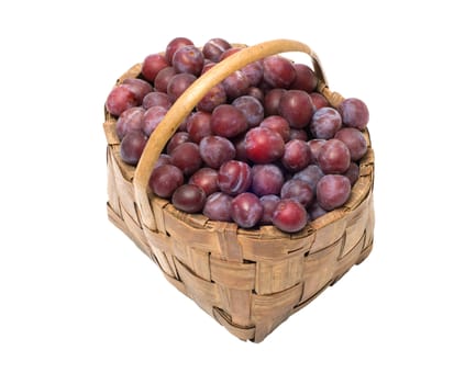 Wattled basket with ripe plums it is isolated on a white background.