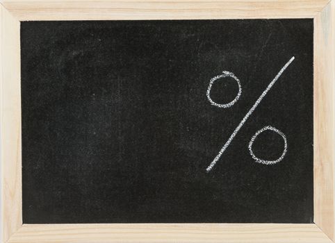 Black chalk board with wooden framed surround with a space and the symbol for percentage.