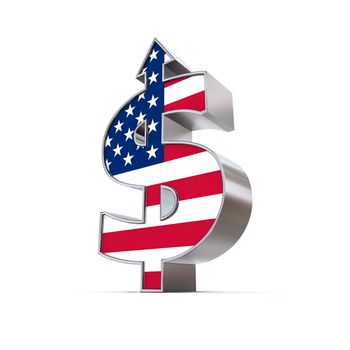 dollar sign made of solid metal with arrow up stands on white ground - front textured with united states flag