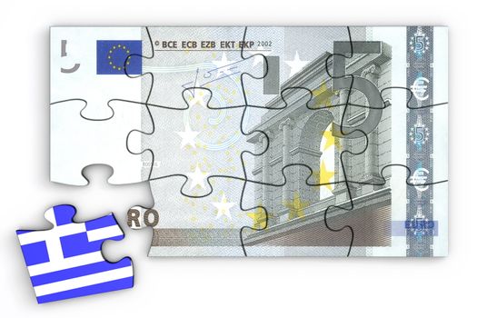 5 Euro note from top as a puzzle - one piece seperately - extra piece with Greece / greek flag on it