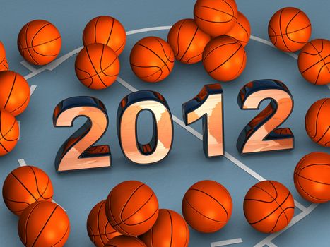 2012 in the middle of a blue playground with lots of basketballs