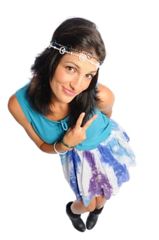 hispanic woman dressed as a hippie on a white background