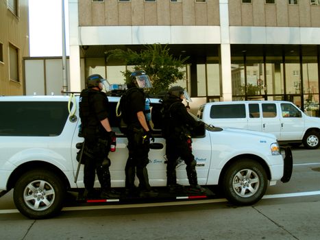 Riot police at the DNC in Denver, Colorado.  August 2008